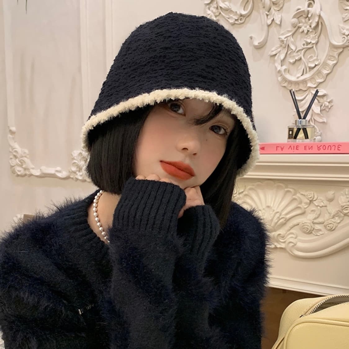 니트 배색 벙거지 버킷햇 블랙 새상품 상품이미지2