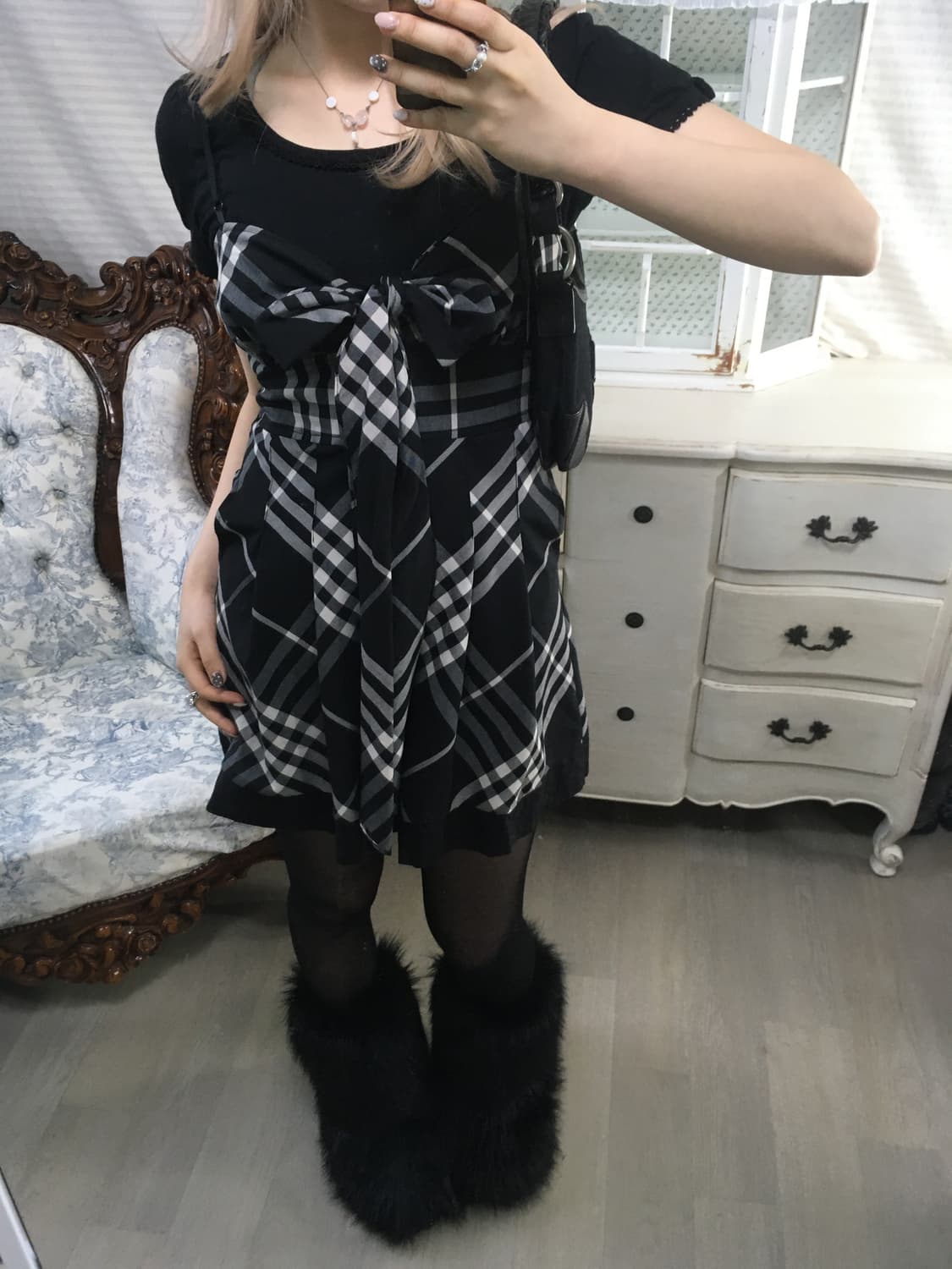 빈티지 로걀 리본 체크 점프수트 상품이미지4