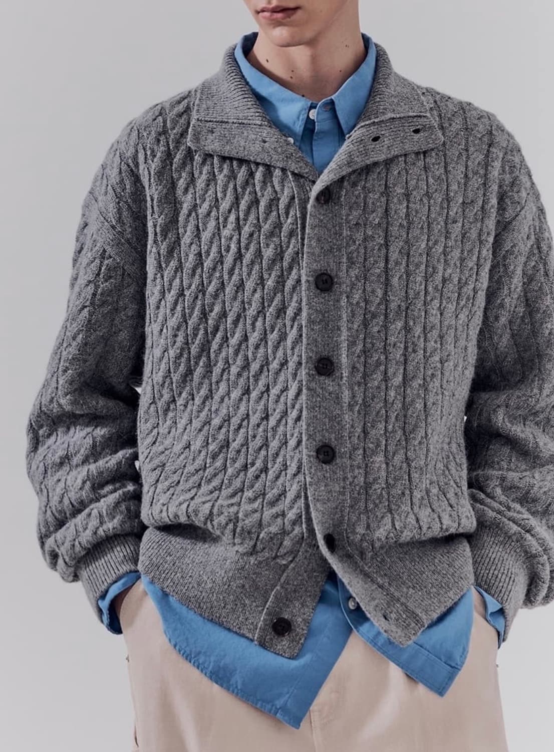 [M]던스트 오버핏 알파카 케이블 하이넥 가디건/멜란지그레이 상품이미지2