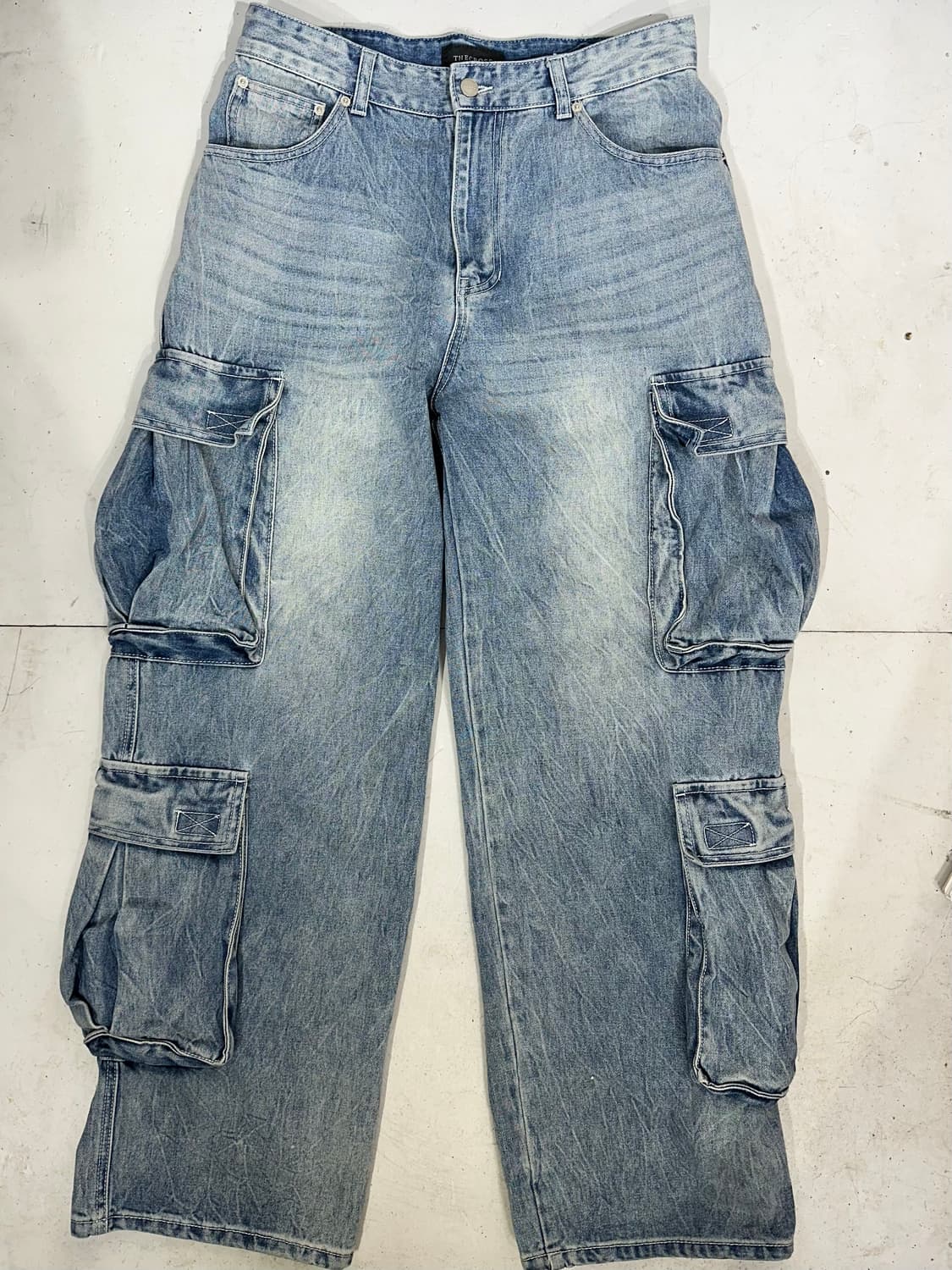 빈티지 연청 대대장 와이드 데님 카고 팬츠 멀티 포켓 캣워싱 청바지 M 상품이미지4