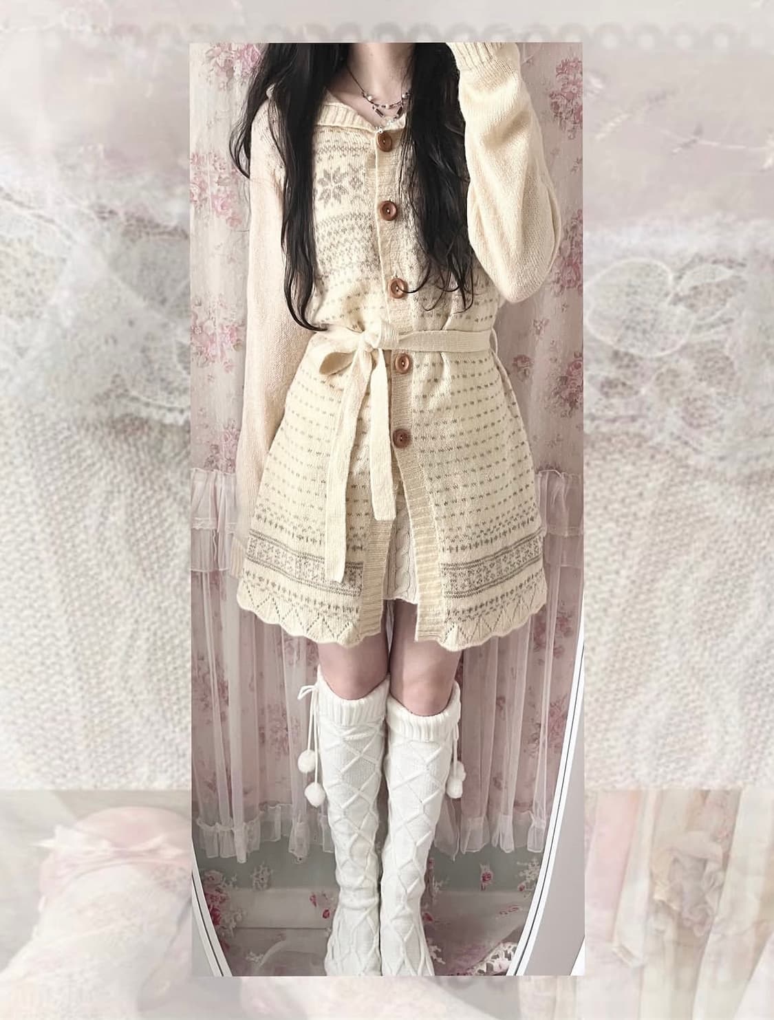 빈티지 아이보리 후드 롱가디건 라떼갸루 히메갸루 모리 상품이미지2