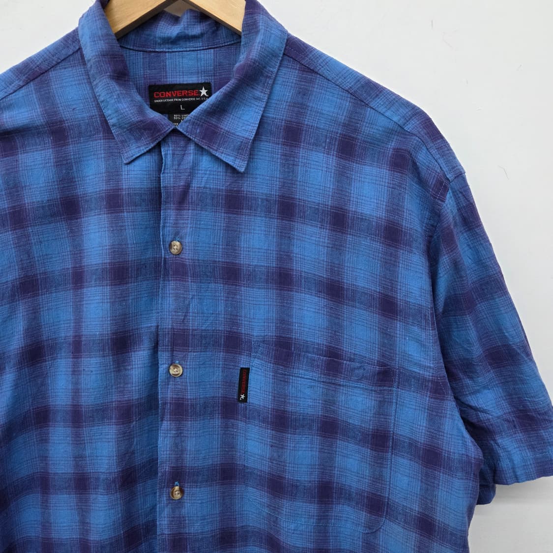 컨버스 블루 체크 반팔 셔츠 남L 상품이미지3