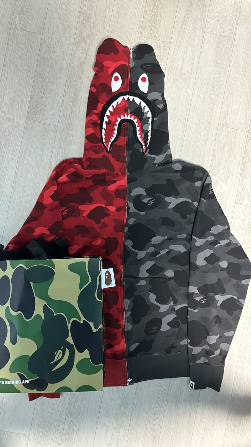 2XL)(희귀) 베이프 컬러 카모 세퍼레이트 샤크 풀 집 후드 레드 블랙 상품이미지1