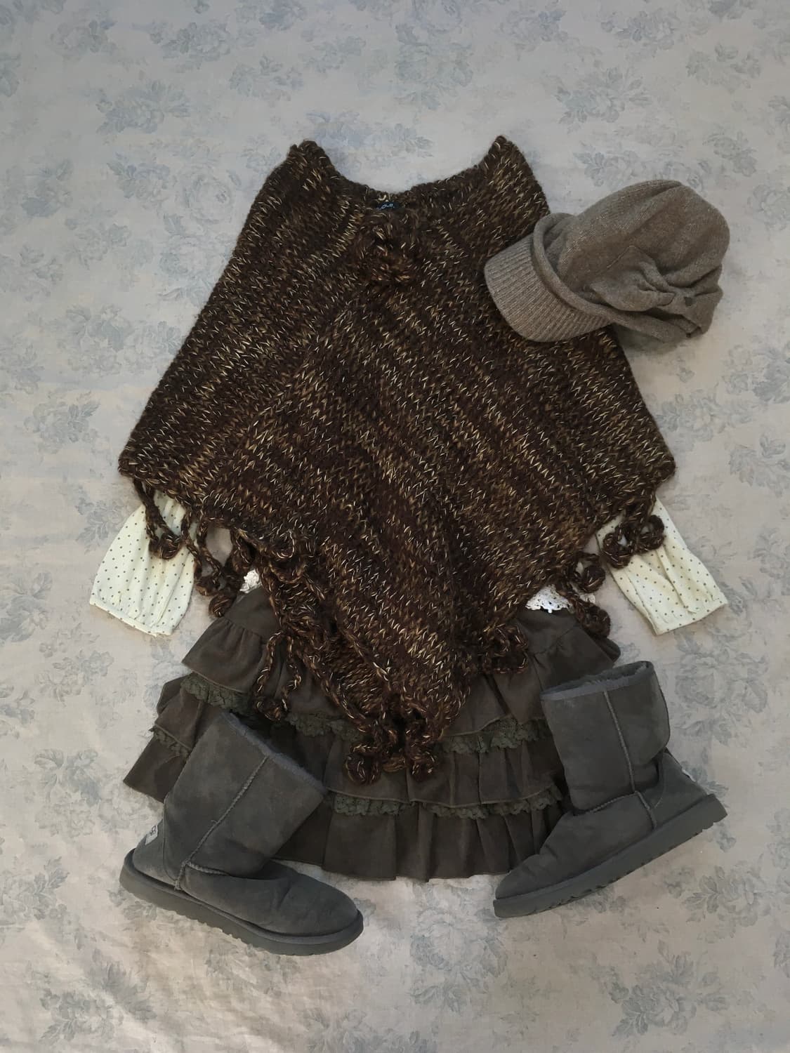 일본빈티지 브라운 플라워 코사지 케이프 상품이미지1