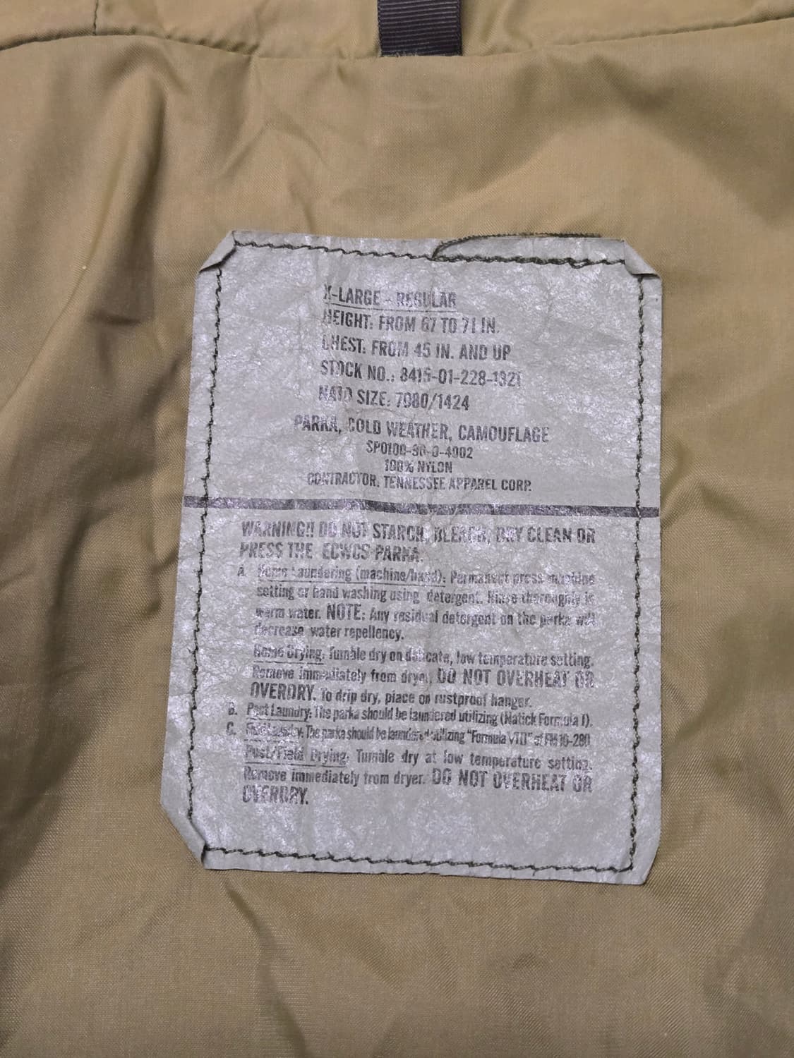 미군 오리지널 ECWCS Gen1 고어텍스 파카 XL/R 상품이미지10