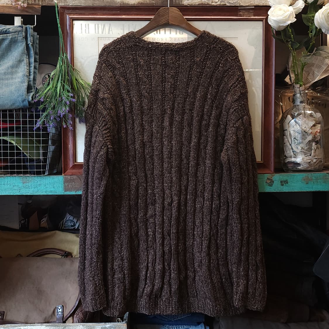 90s 프렌치 헨드메이드 울 가디건 헤비울 스웨터 빈티지 니트 꽈배기 L 상품이미지3