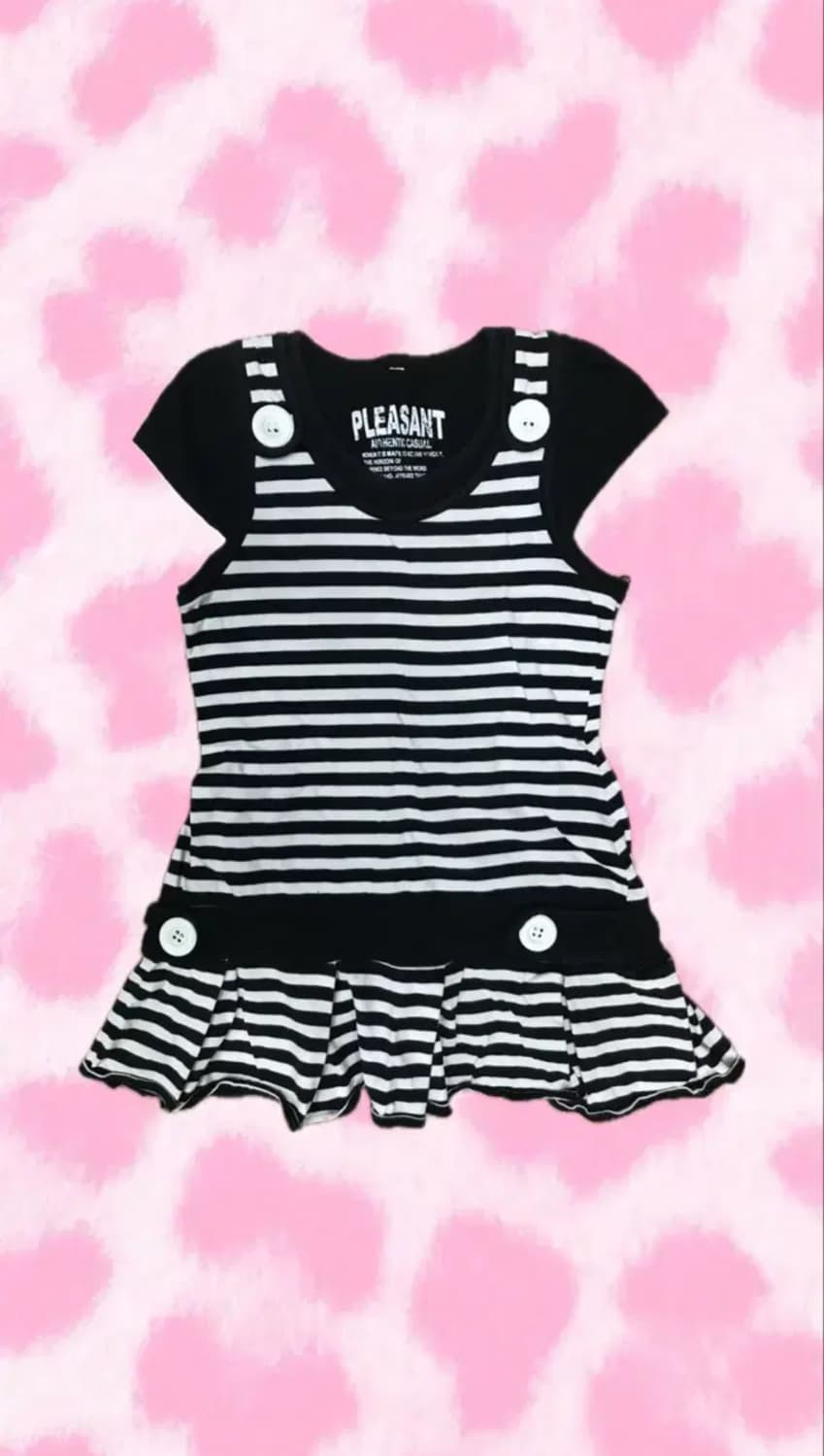 갸루 스트라이프 버튼 단추 반팔 티셔츠 원피스 일본 빈티지 상품이미지1