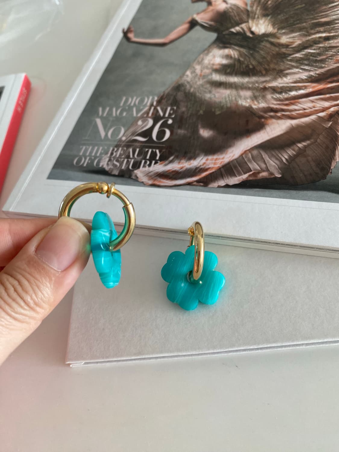 일본 수입 터키블루 클로버 후프 이어링 귀걸이 상품이미지6