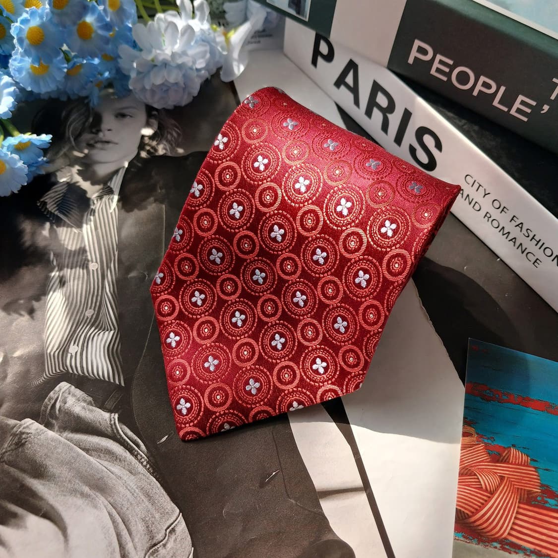 아쿠아스큐텀 넥타이 레드 플라워 패턴 S~A+등급 E896
 상품이미지4