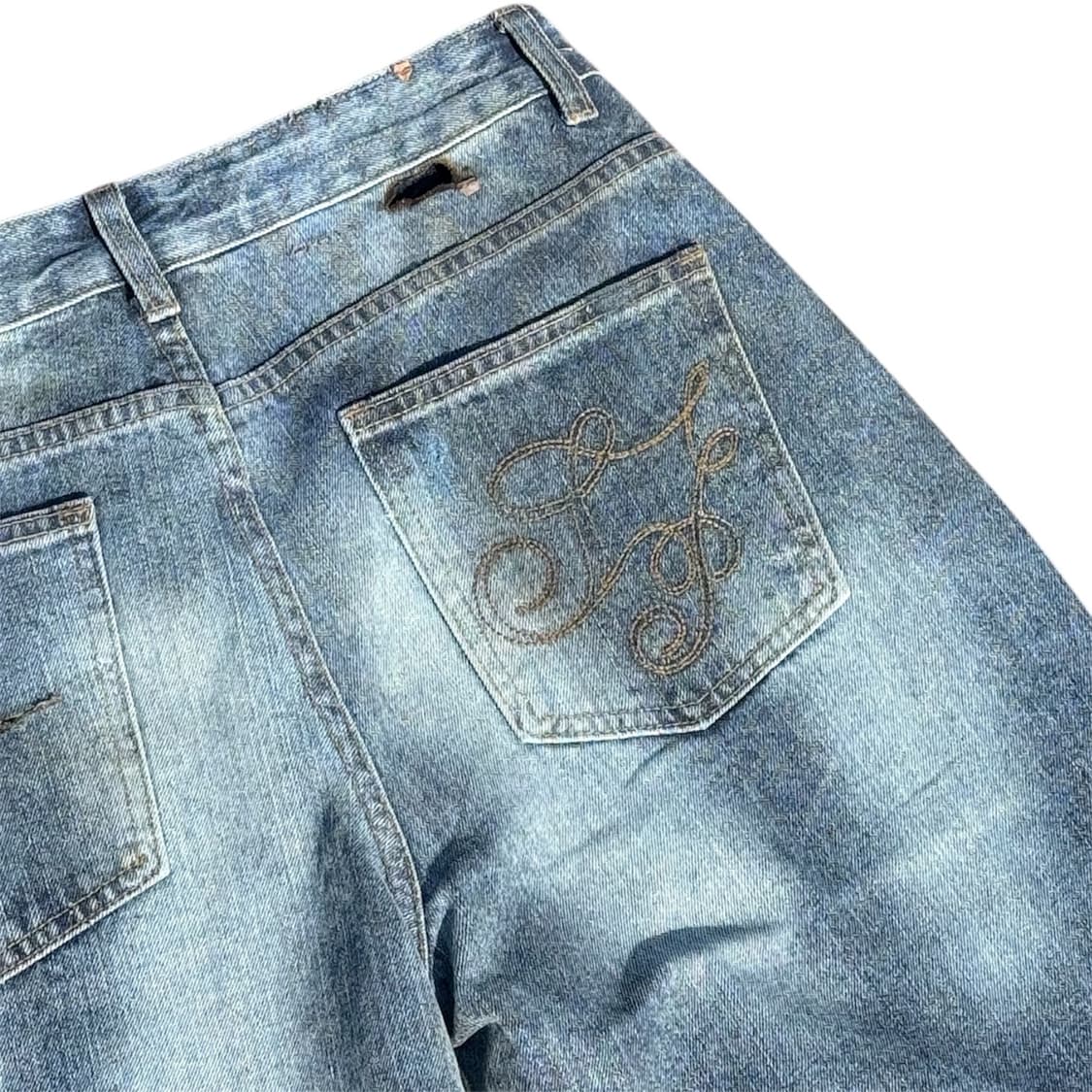 핸드메이드 빈티지 크림워싱 그릴드데미지 자수 데님팬츠  상품이미지6