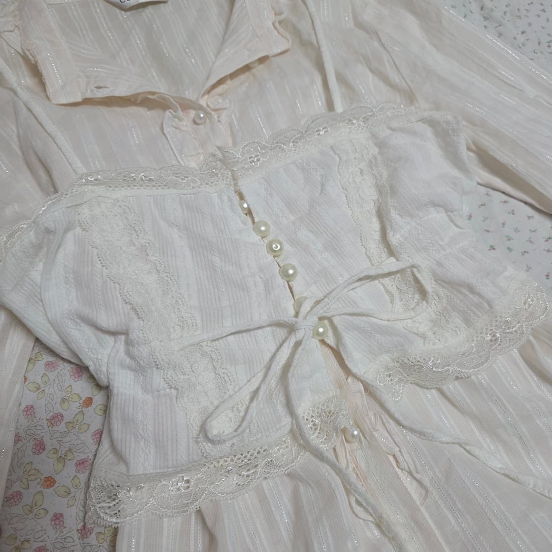 빈티지 핑크 실버 스트라이프 레이스 셔츠 슬립 세트 히메갸루 일브 상품이미지3