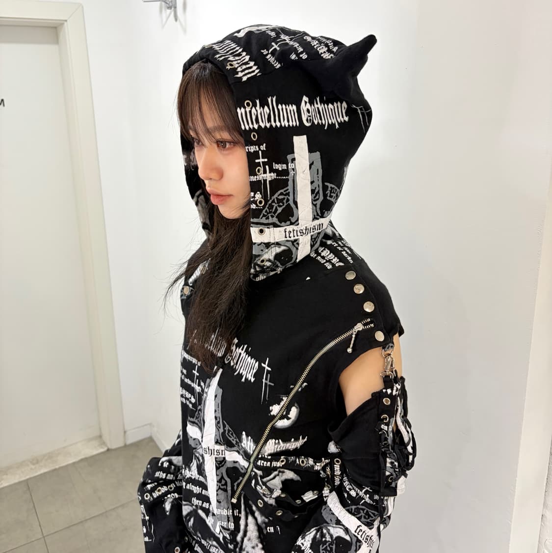 Y2k 매드 펑크맛 스컬 후드 티셔츠 상품이미지2