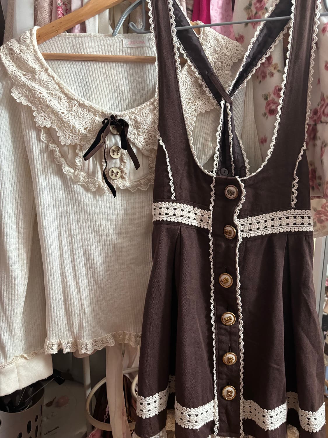 리즈리사 히메카지 라떼갸루 레이스 리본 니트 서스펜더 멜빵 스커트 일괄 상품이미지1