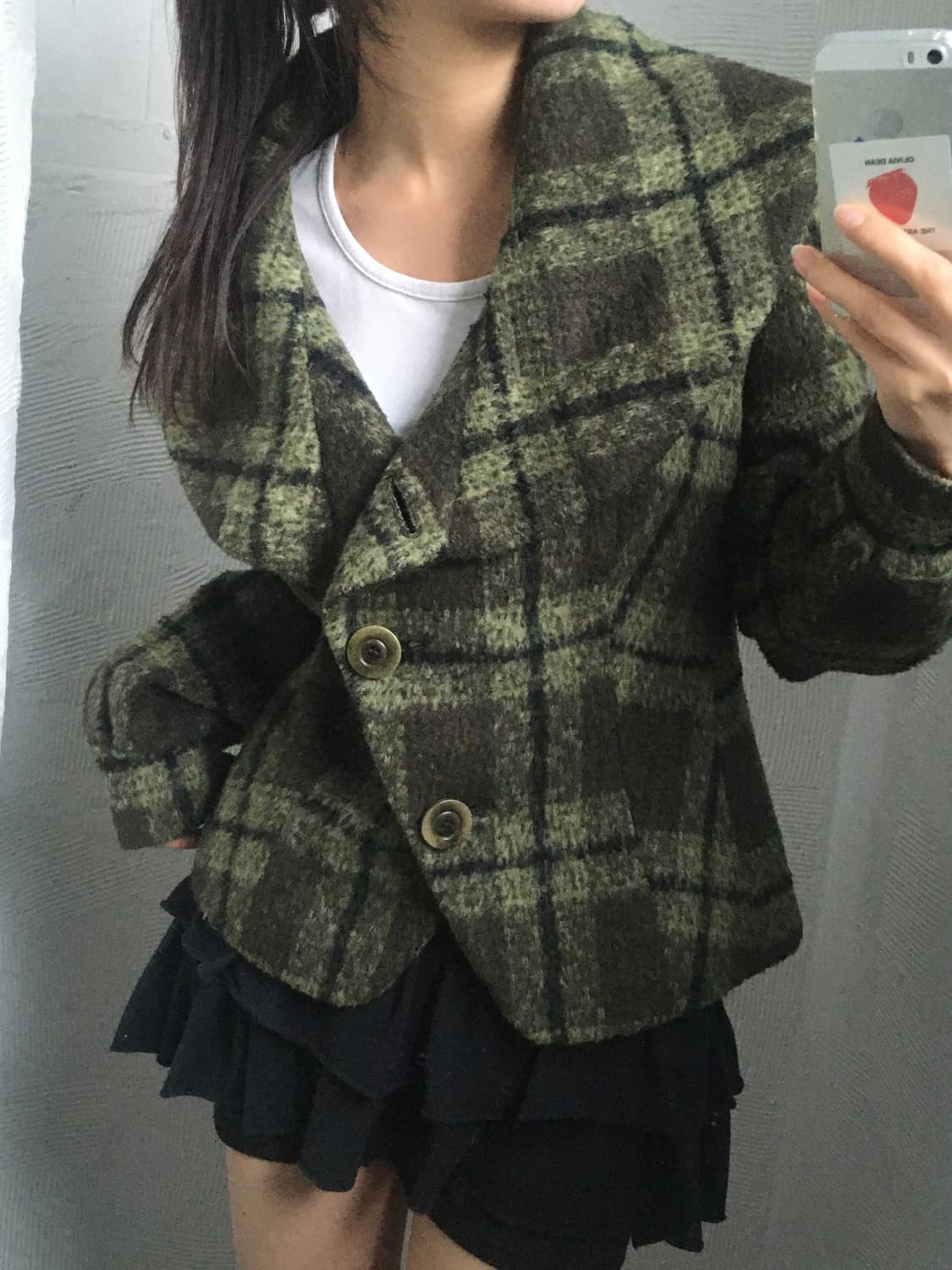 MaxMara 막스마라 카키 체크패턴 숄카라 앙고라 숏 코트 상품이미지2