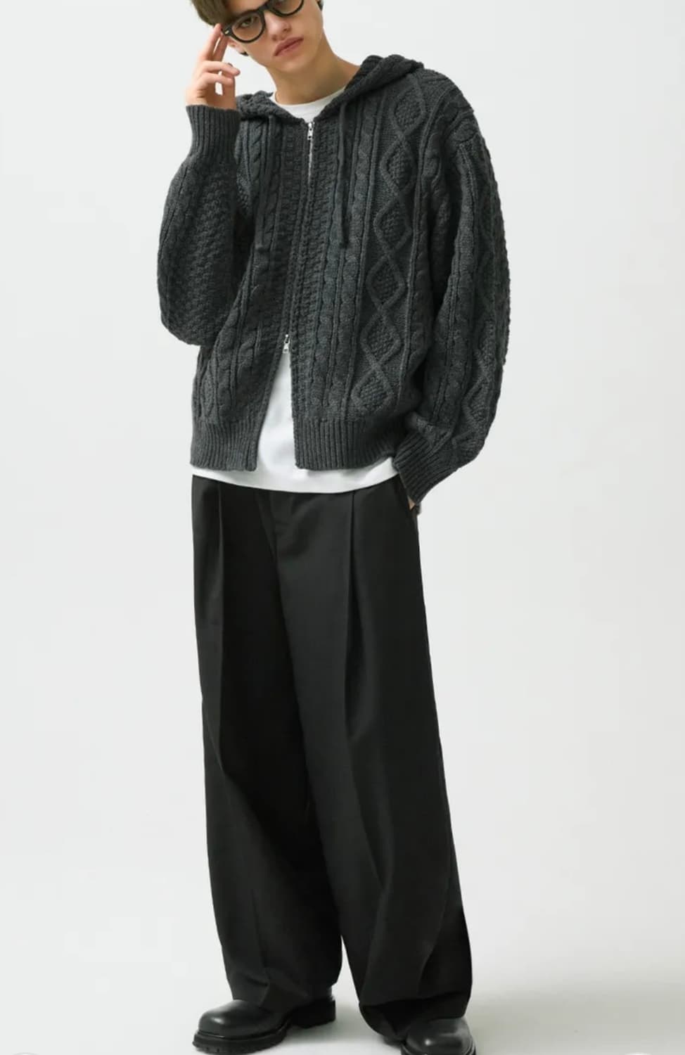 케이블 니트 후드 집업 상품이미지2