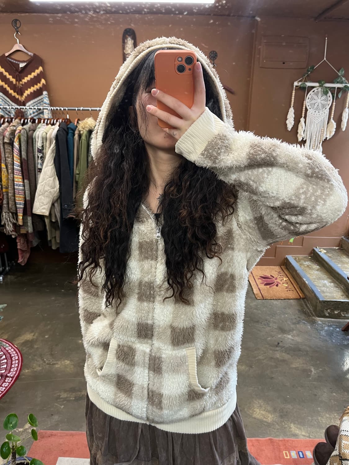 일본무드 체크 패턴 아이보리 플리스 후드집업 상품이미지8