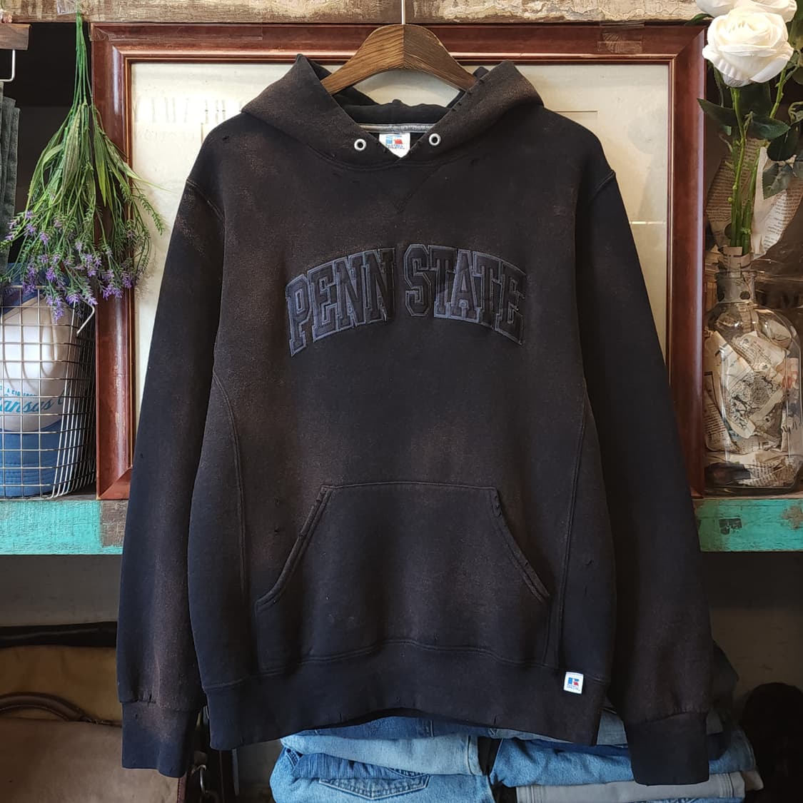 90s 러셀 후드 빈티지 스웻셔츠 썬페이딩 블랙 펜 스테이트 M 상품이미지1