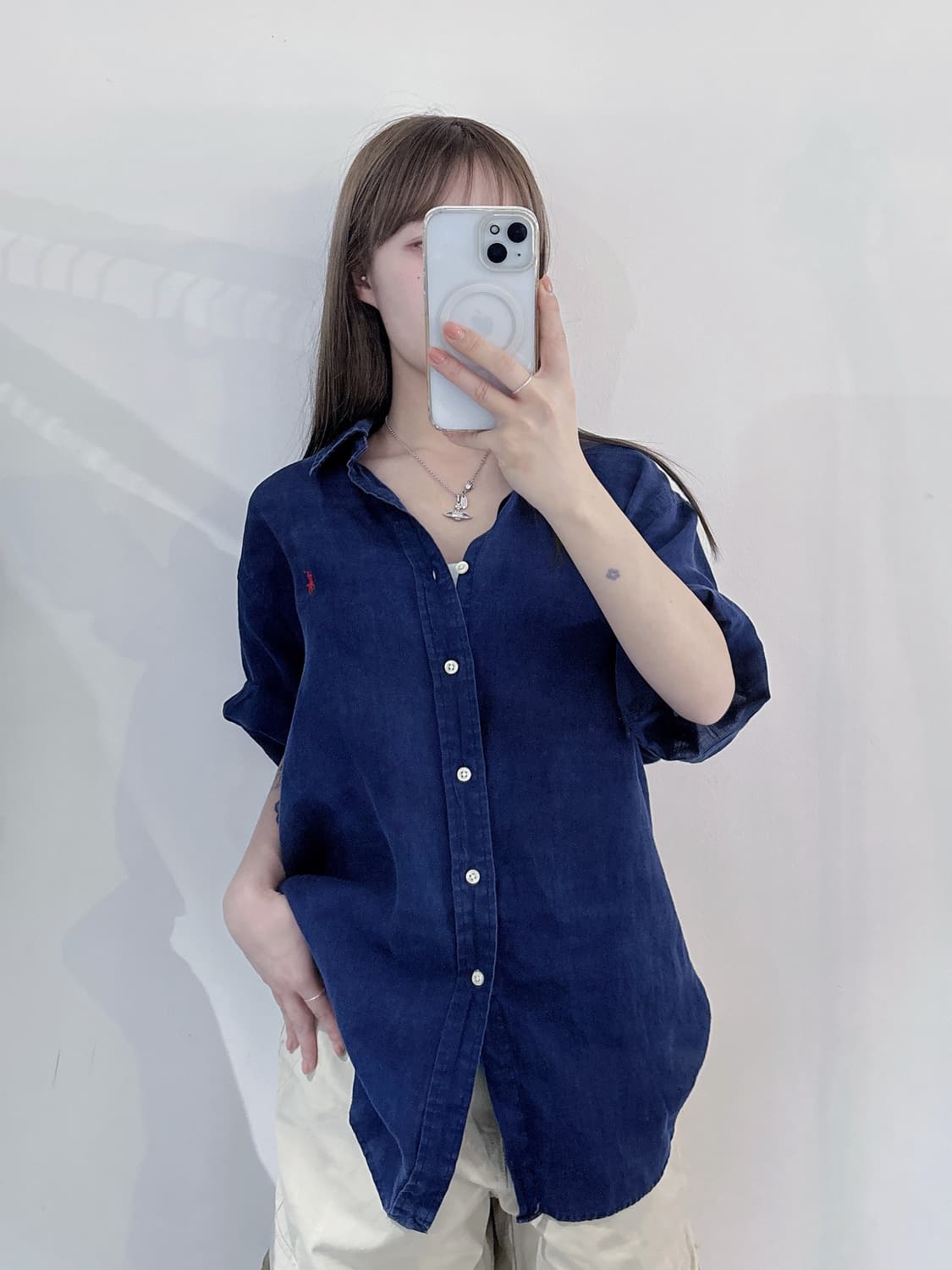 폴로랄프로렌 레드포니 네이비 린넨 반팔 셔츠 상품이미지1