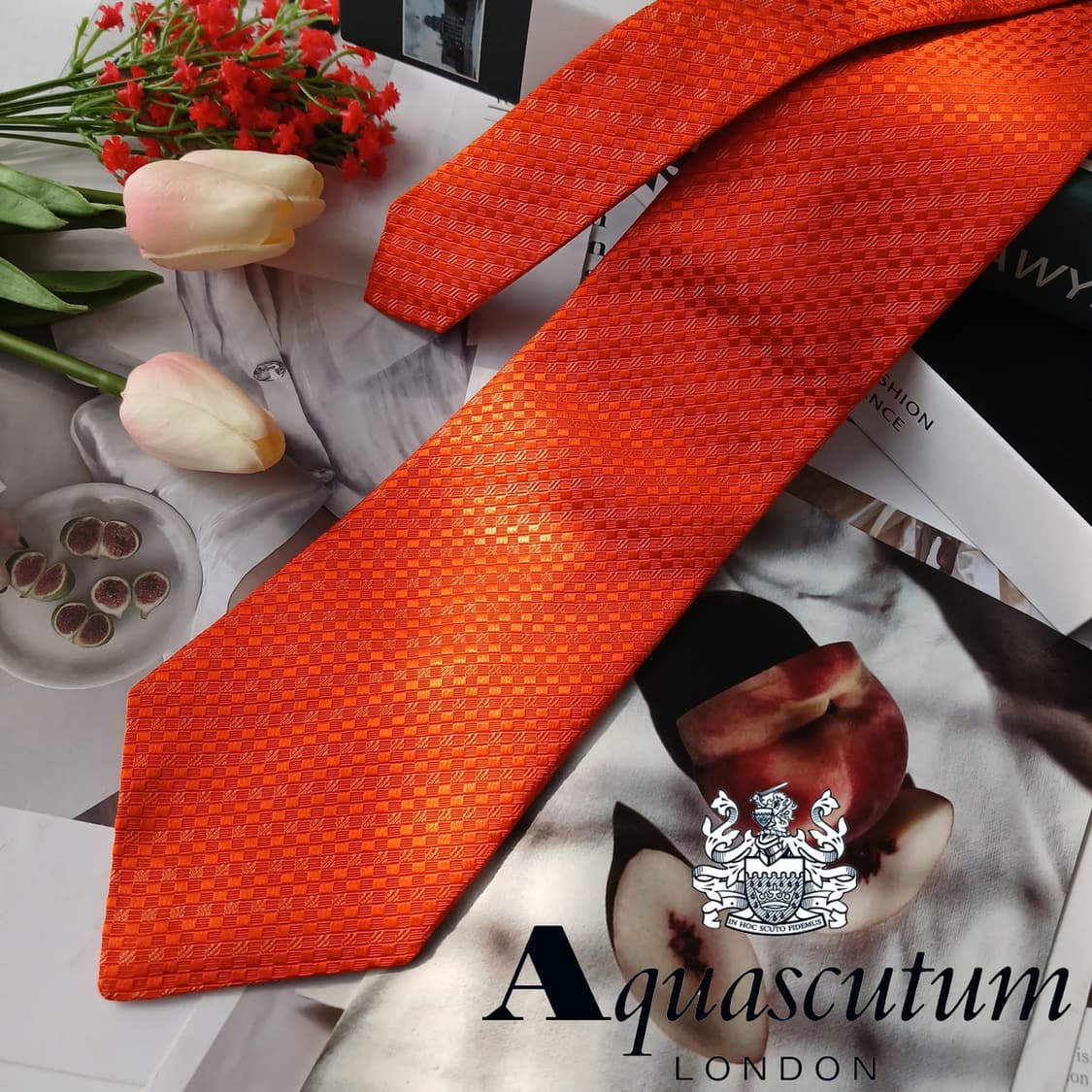 아쿠아스큐텀 실크 오렌지 자카드 패턴 넥타이 9.5cm A+등급 E865 상품이미지1