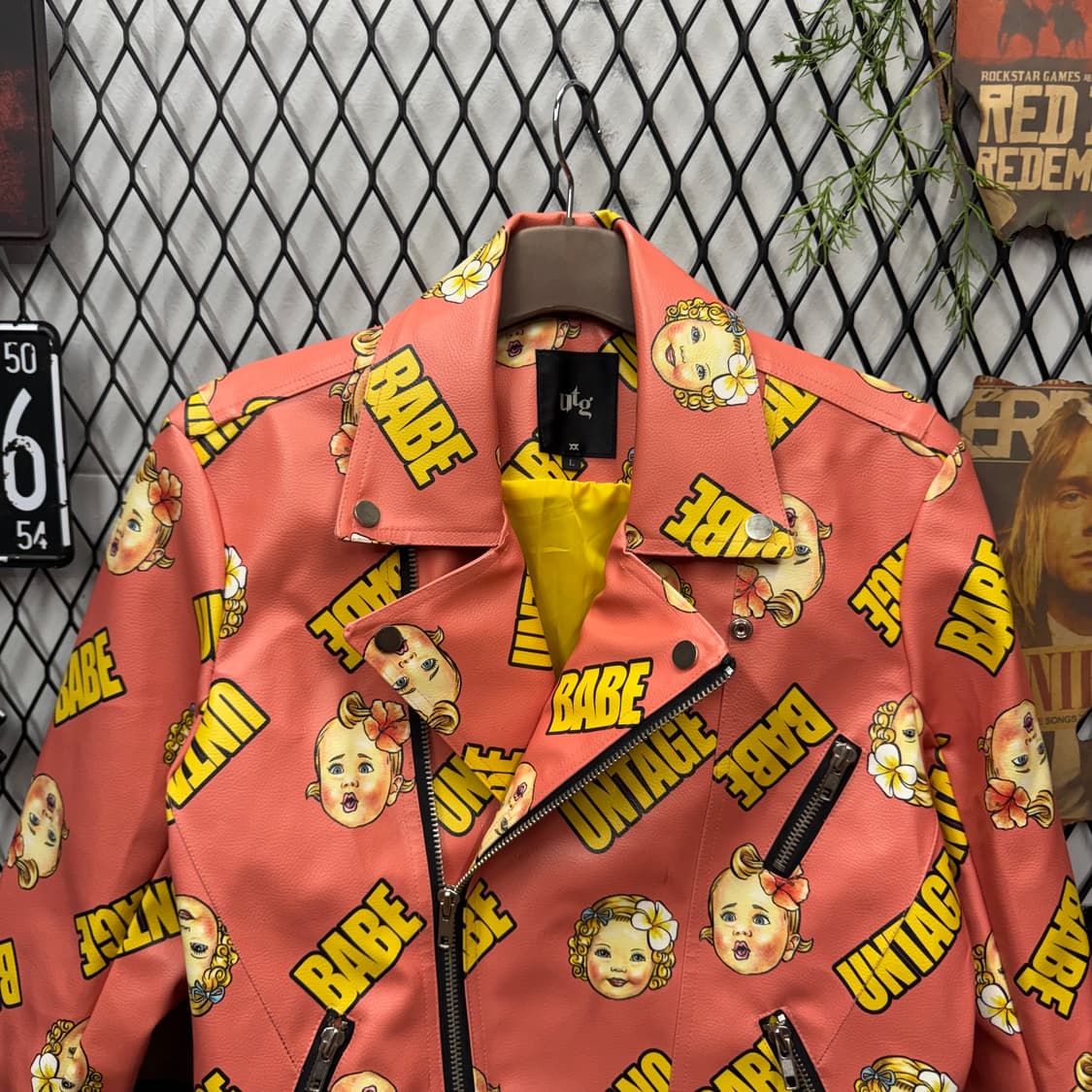 언티지 베이비 로고 프린팅 라이싱 레더 자켓 핑크 옐로우 배색 상품이미지3