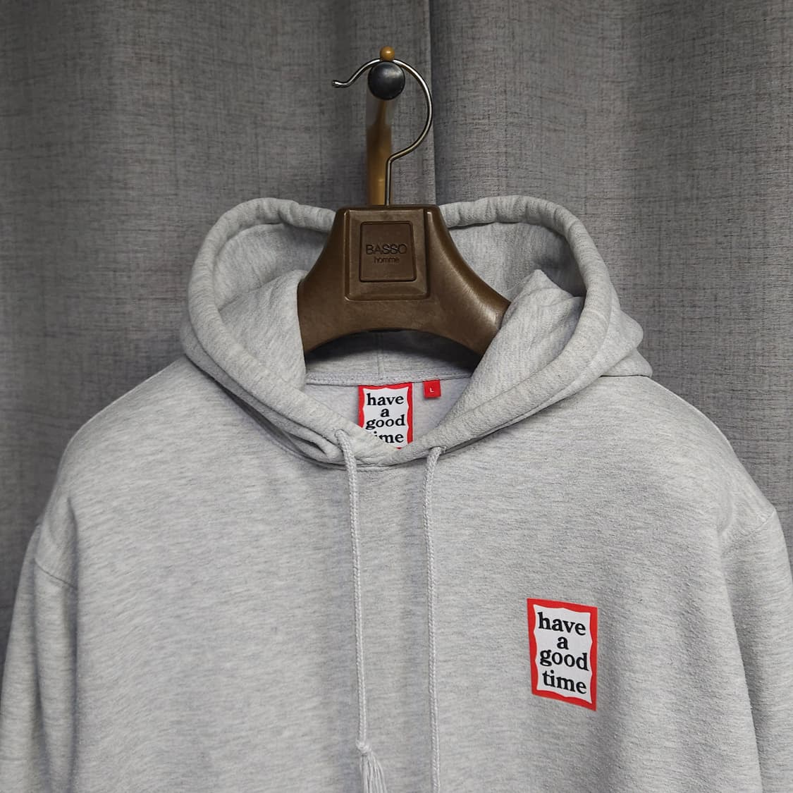 L ) 해브어굿타임 미니 로고 기모 오버핏 후드티 상품이미지1