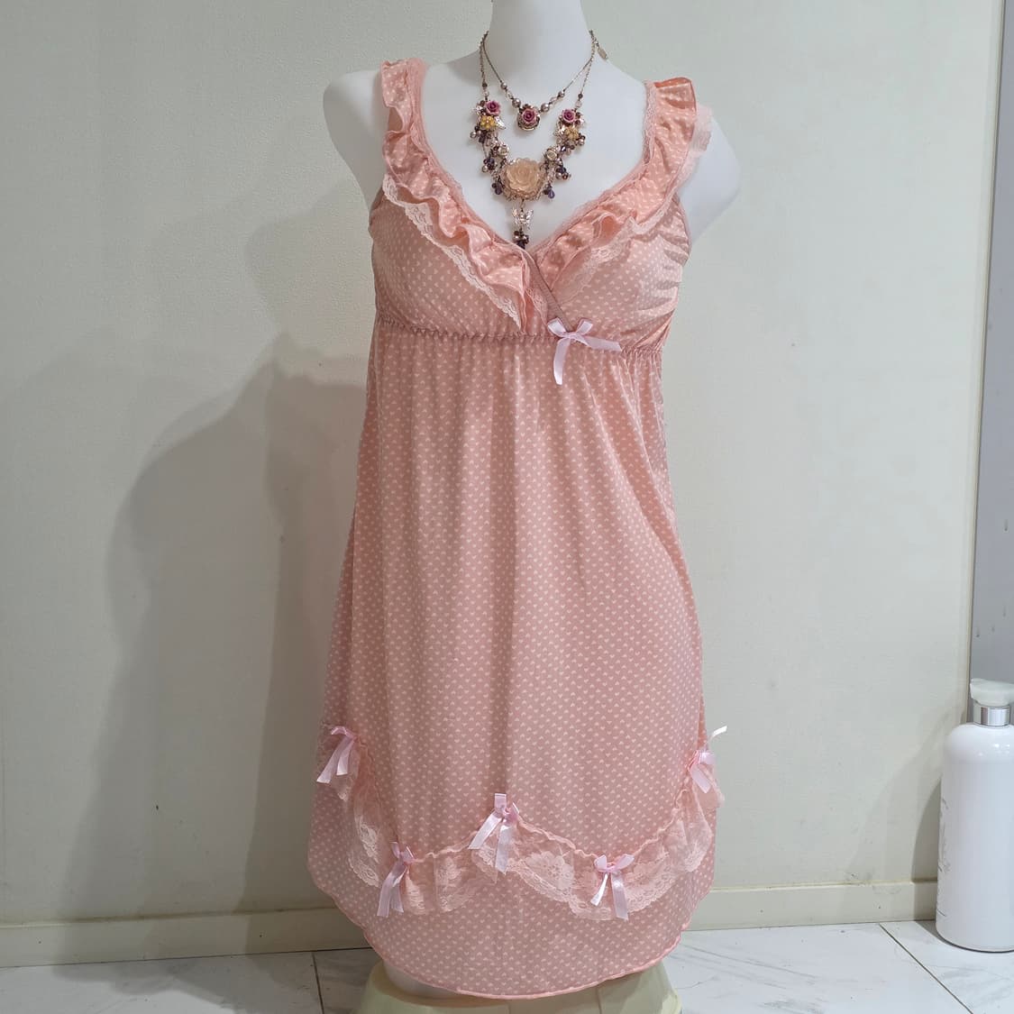 일본빈티지)핑크 하트 레이스 리본 리즈깔 히메갸루 로맨틱 슬립란제리원피스 상품이미지2