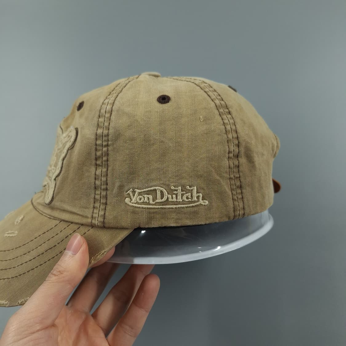 본더치 브라운 데미지드 스펠아웃 로고 레더스트랩 Y2K 6패널 볼캡 모자 상품이미지7