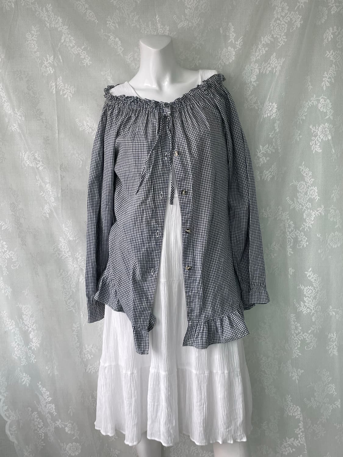 빈티지 체크 리본 프릴 블라우스 1092 모리걸 y2k 스트릿 갸루 펑키 상품이미지2