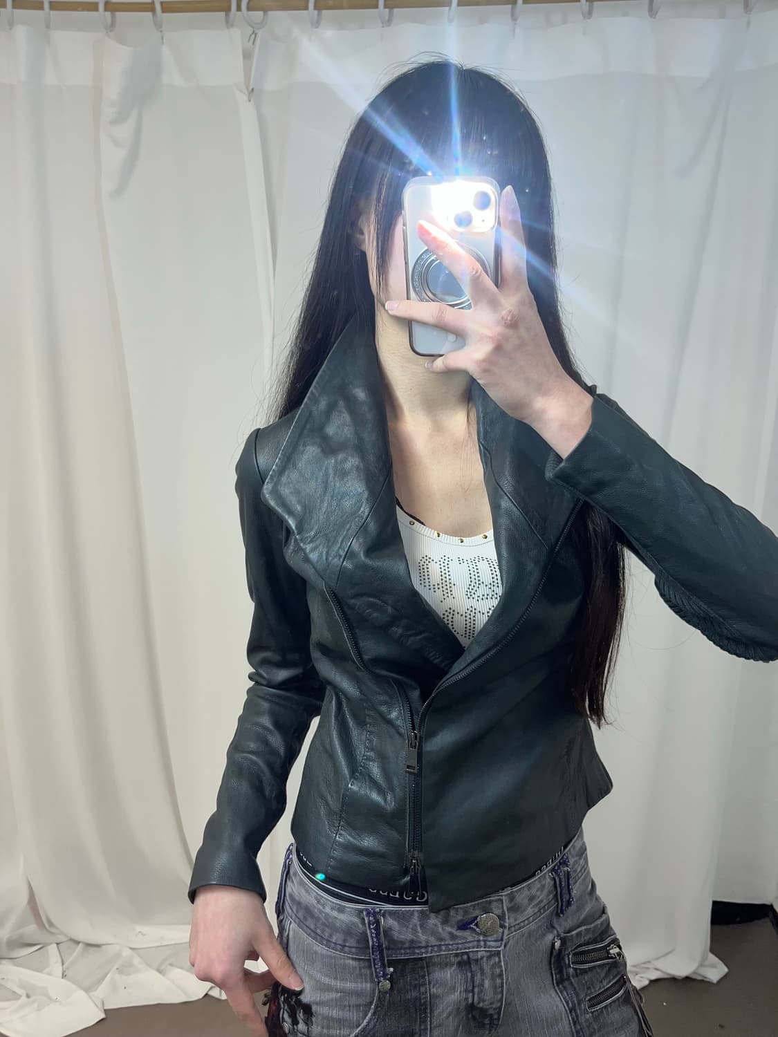 사선 지퍼 하이넥 카키 레더 자켓 상품이미지10