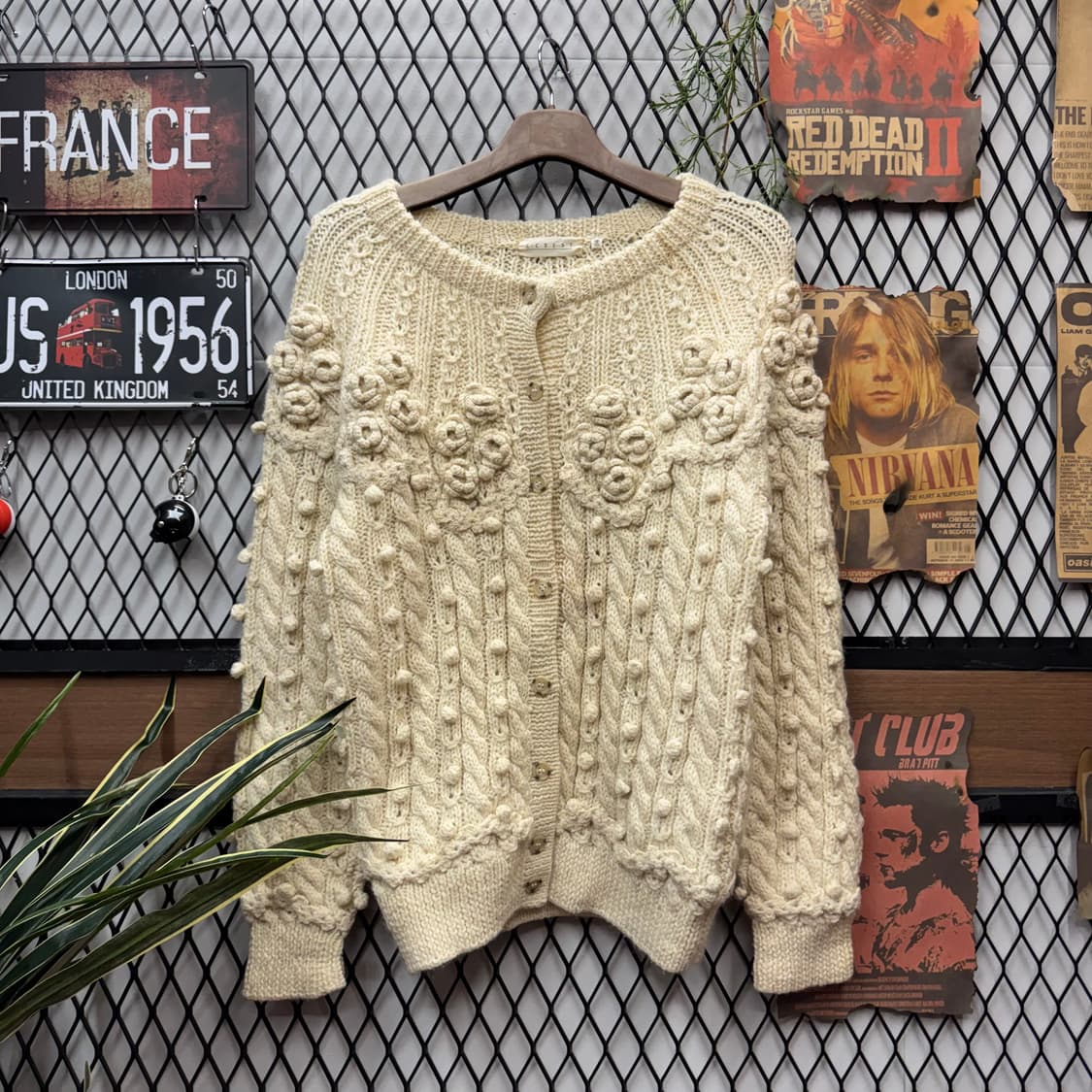 80s JPN VINTAGE 니트 가디건 입체 플라워 디테일 아이보리 상품이미지1
