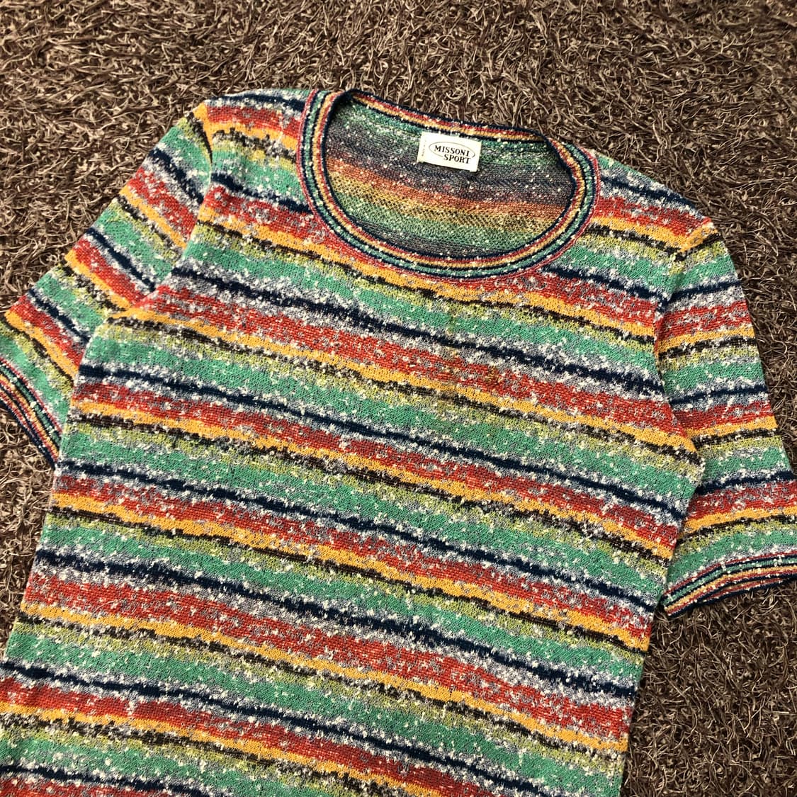 미쏘니 멀티컬러 스트라이프 패턴 니트 반팔 티셔츠 상품이미지2