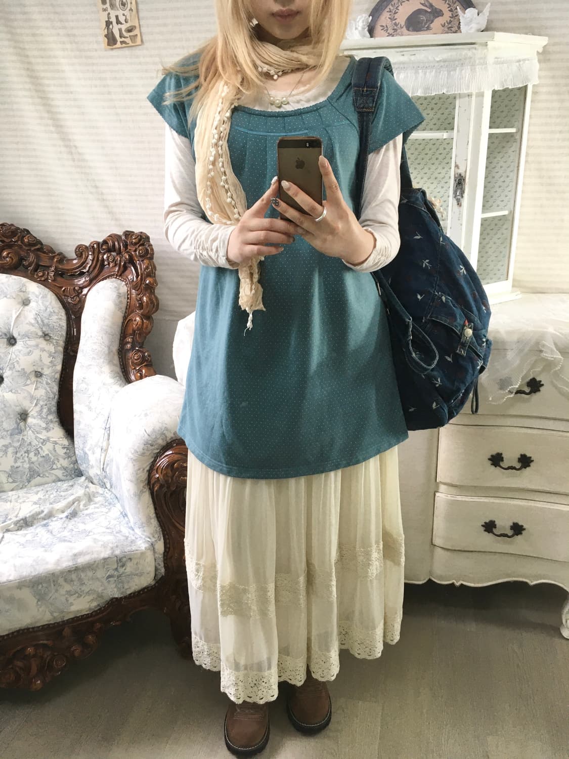 Set) 블루그린 민트 도트 블라우스+모리 레이스 티+레이스머플러 상품이미지6