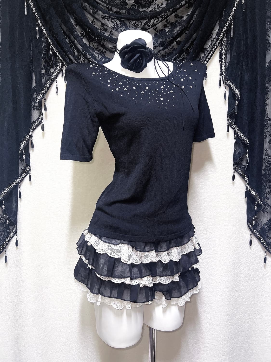 로맨틱고딕 오네갸루 블랙 큐빅 반팔 로걀탑 핀터 다크페어리 공겜 오리엔탈 상품이미지4