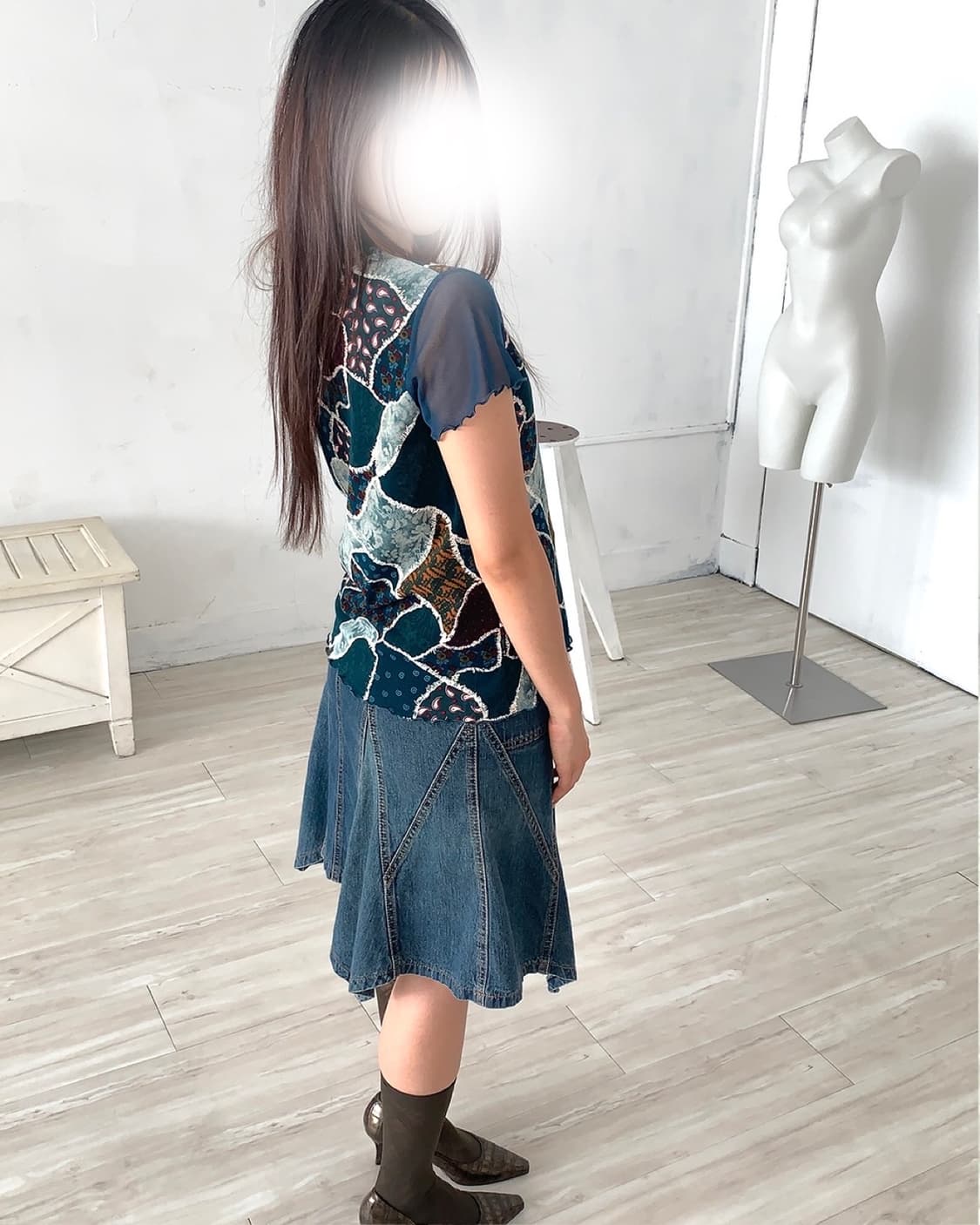 Teal Blue Designed Mesh Short Sleeve Top 상품이미지3