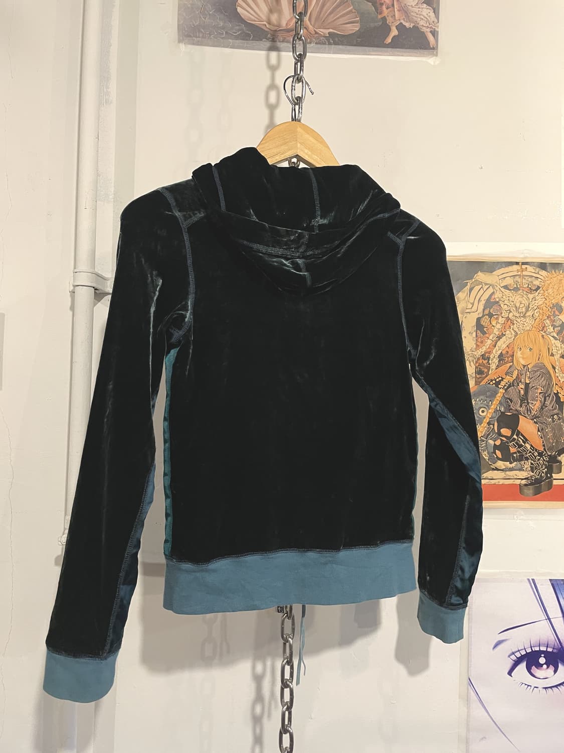 사이드 라인 청록 민트 벨벳 후드집업 갸루 y2k 상품이미지5