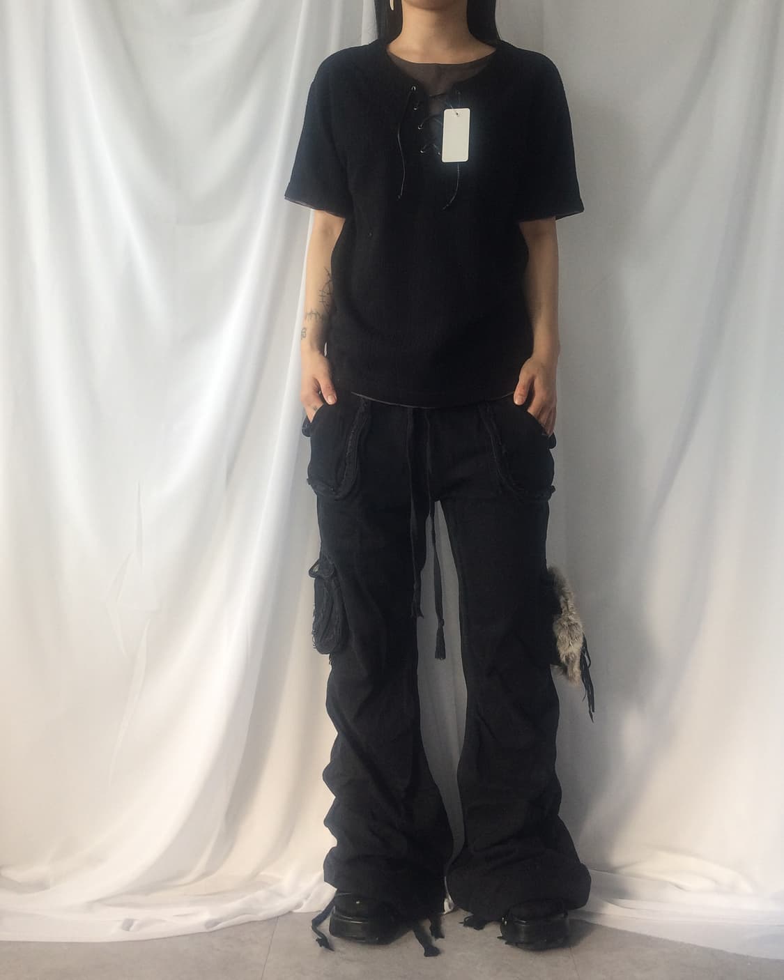Lace up point ribbed t shirt 상품이미지1