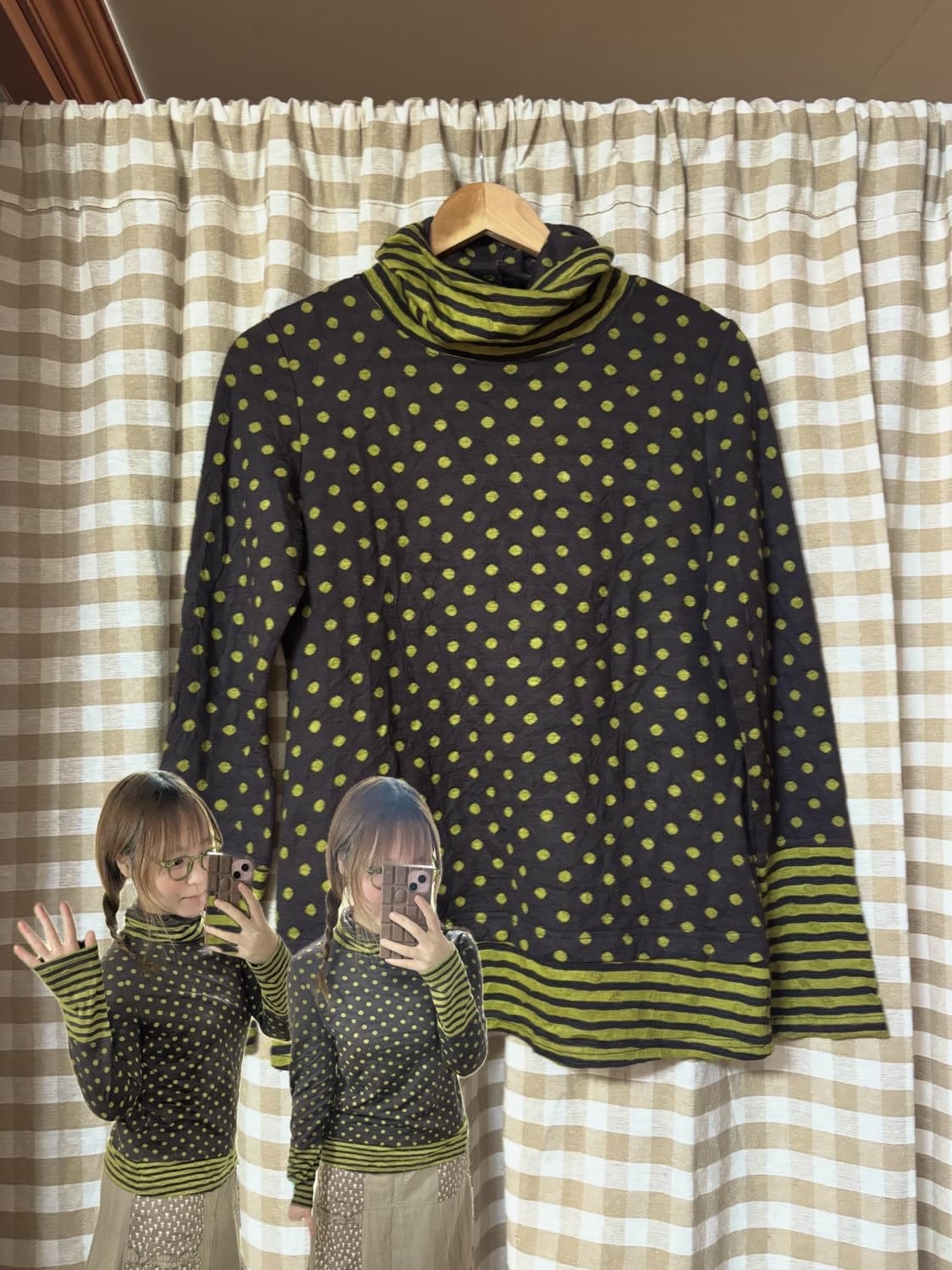 빈티지 체크 셔츠 + 니트 가디건 도트 포인트 너드 모리세트 상품이미지8