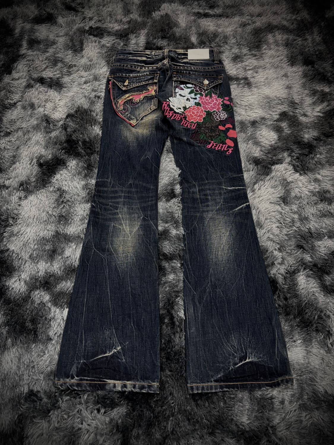 핑크 스컬 플라워 패치 부츠컷 워싱 데님팬츠 상품이미지1