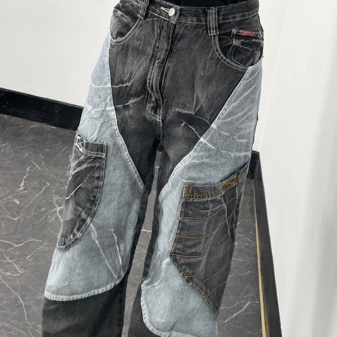 Dermson 흑청 패치워크 와이드 데님 팬츠 상품이미지2