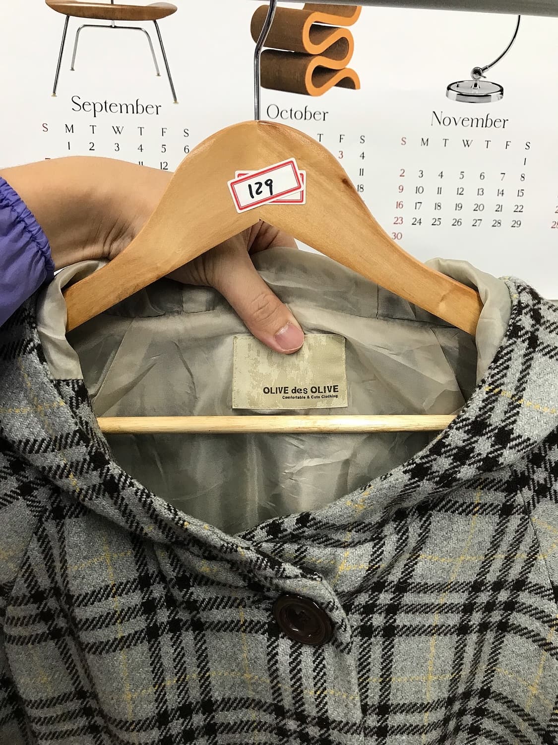 올리브데 올리브 체크 후드 망토 자켓 상품이미지3