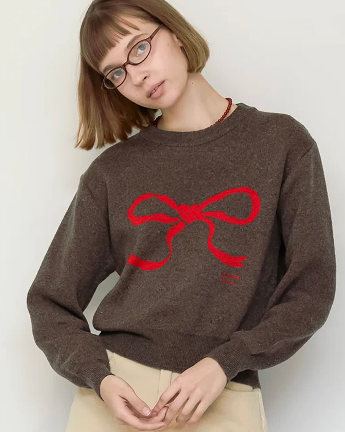 론론 하트 리본 니트 브라운 상품이미지2