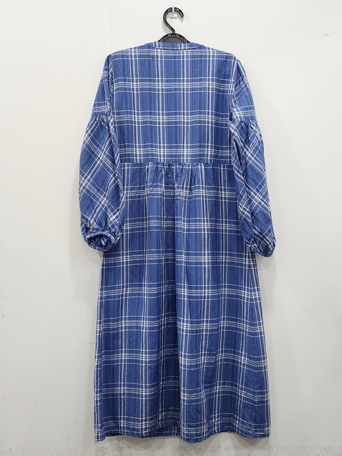 [S] 자라 린넨 블루 체크 롱원피스 벌룬 소매 상품이미지2
