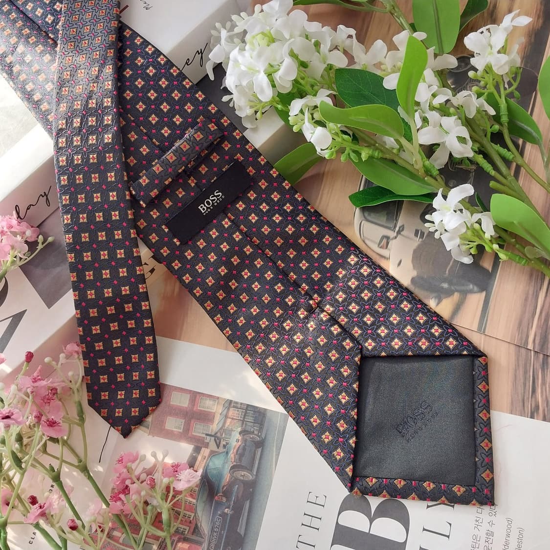 휴고보스 실크 블랙 기하 패턴 넥타이 9cm A+등급 K1845 상품이미지5