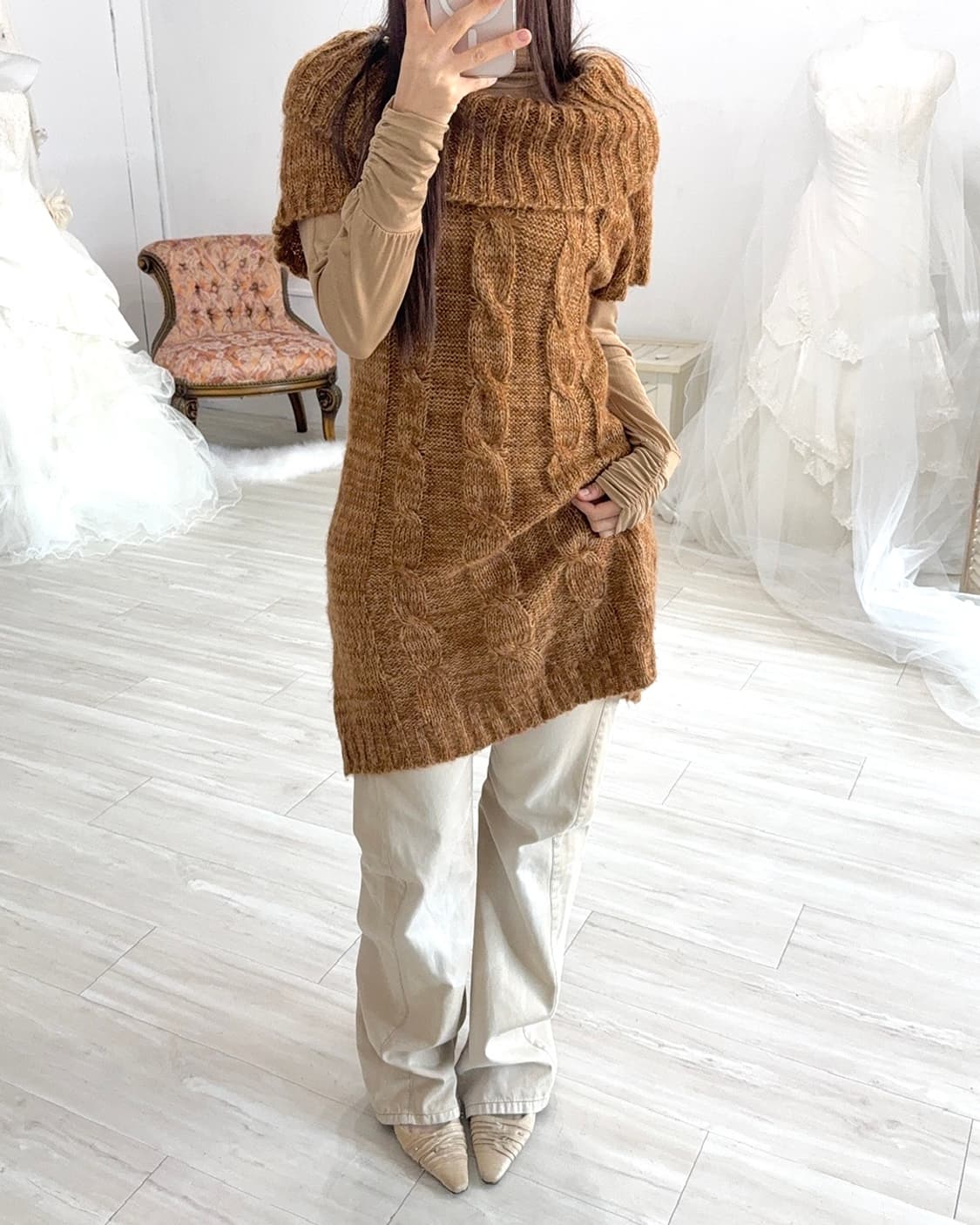 Button point orande brwon knit dress 상품이미지6