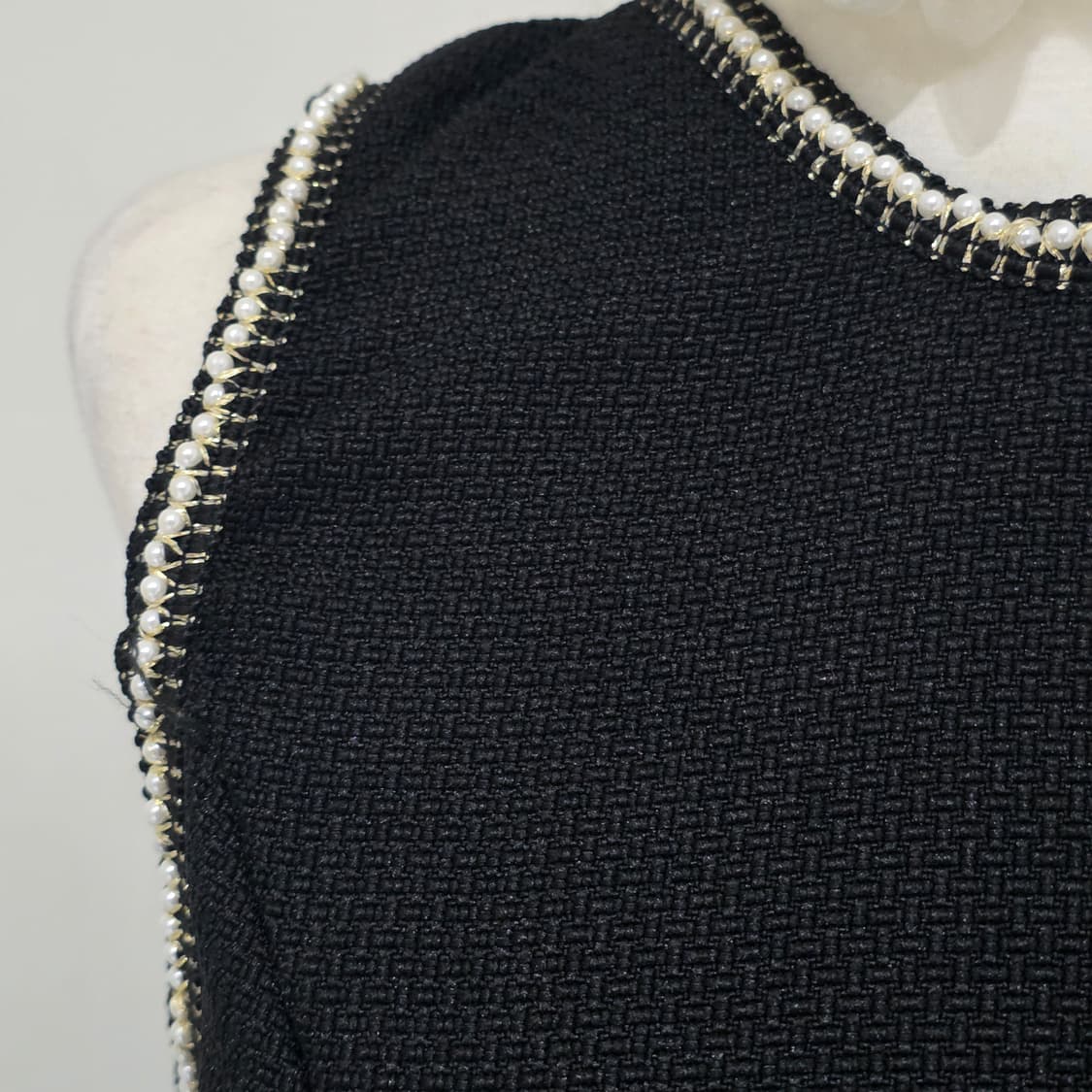 shein 빈티지)고딕 로맨틱 진주 블랙 프릴 트위드 민소매원피스 하객룩 상품이미지4