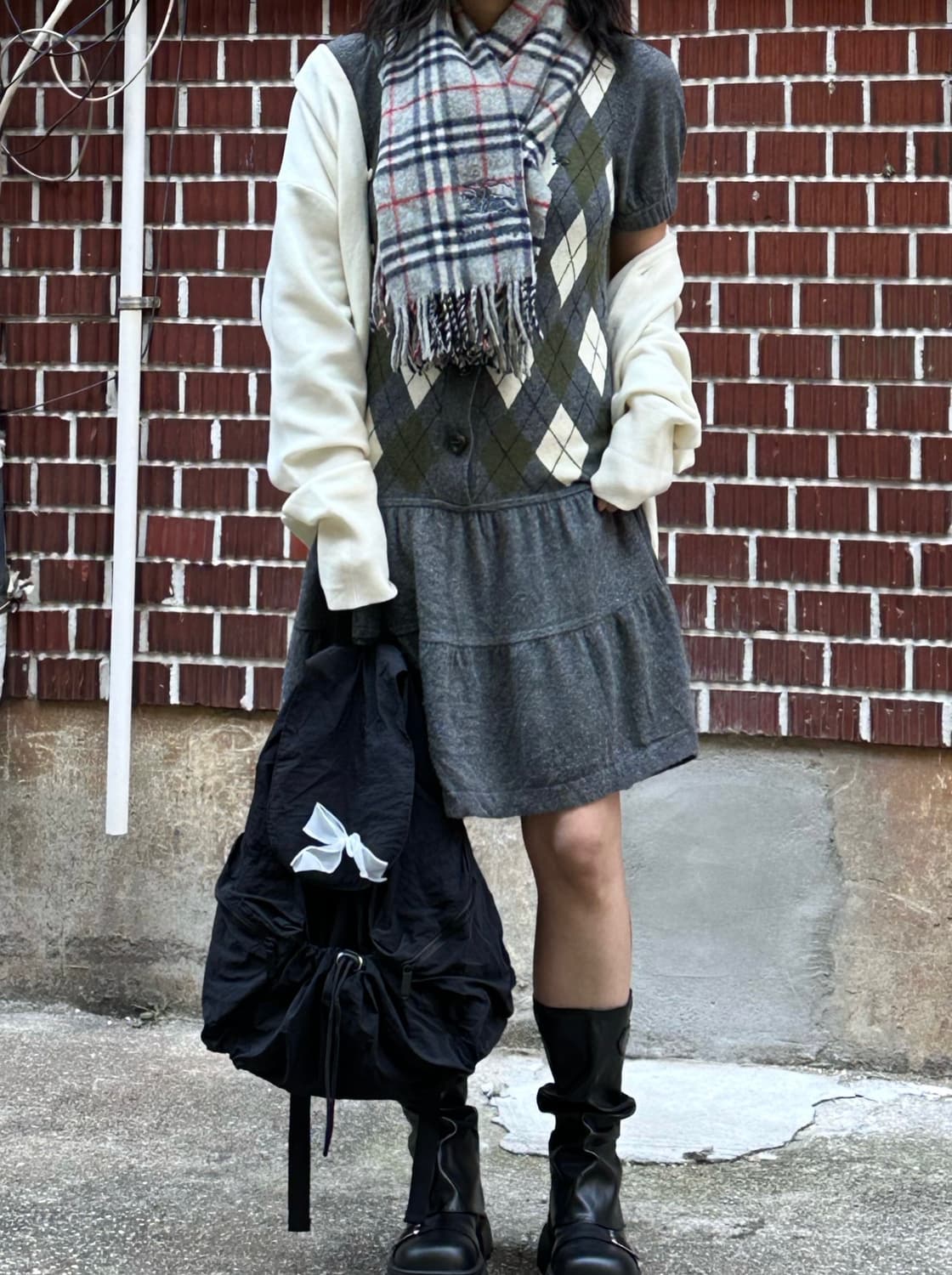 버버리 체크 원피스 화이트 가디건 코디세트 상품이미지2