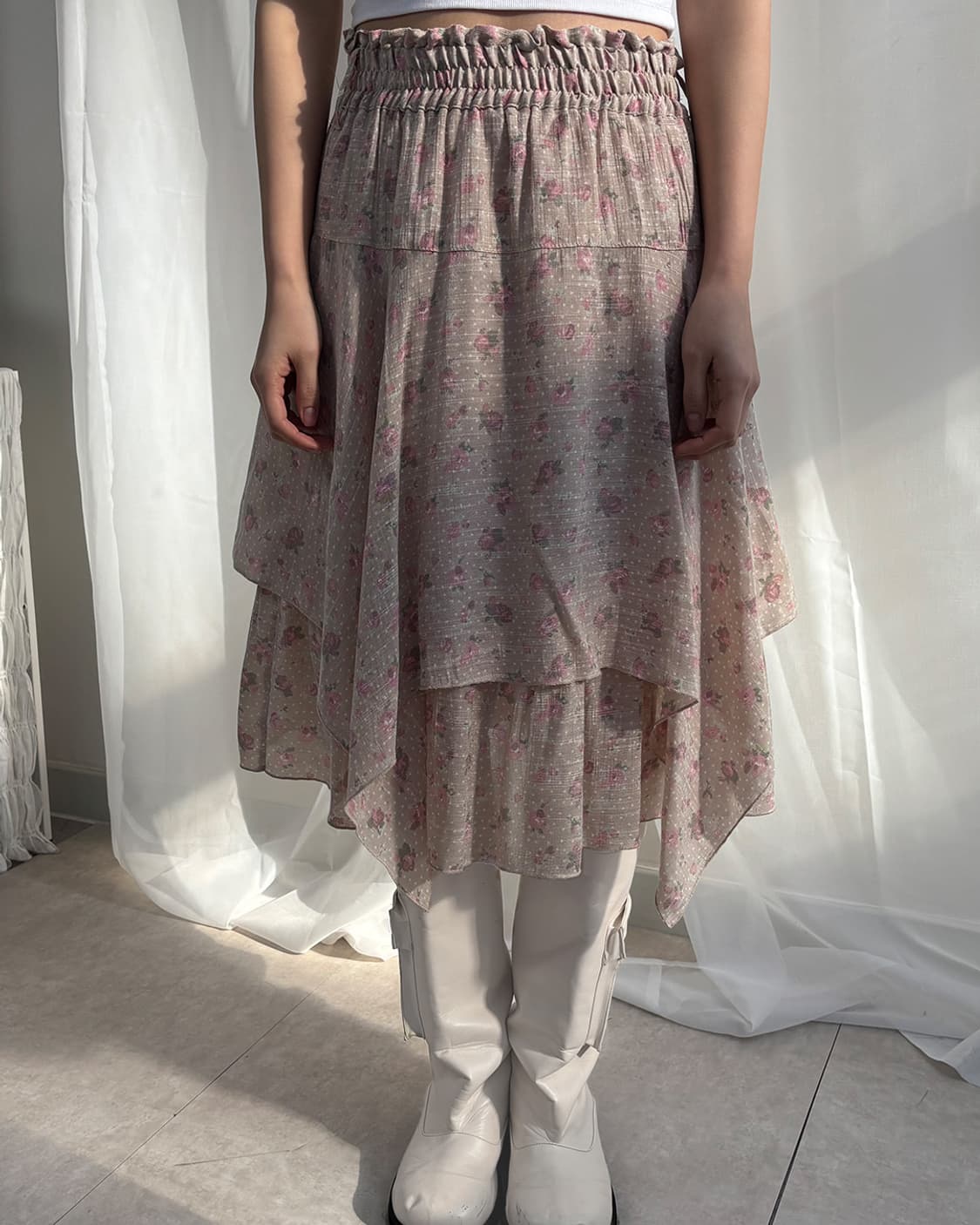 Sorridere 핑크 베이지 플로랄 언발 미디스커트 상품이미지6