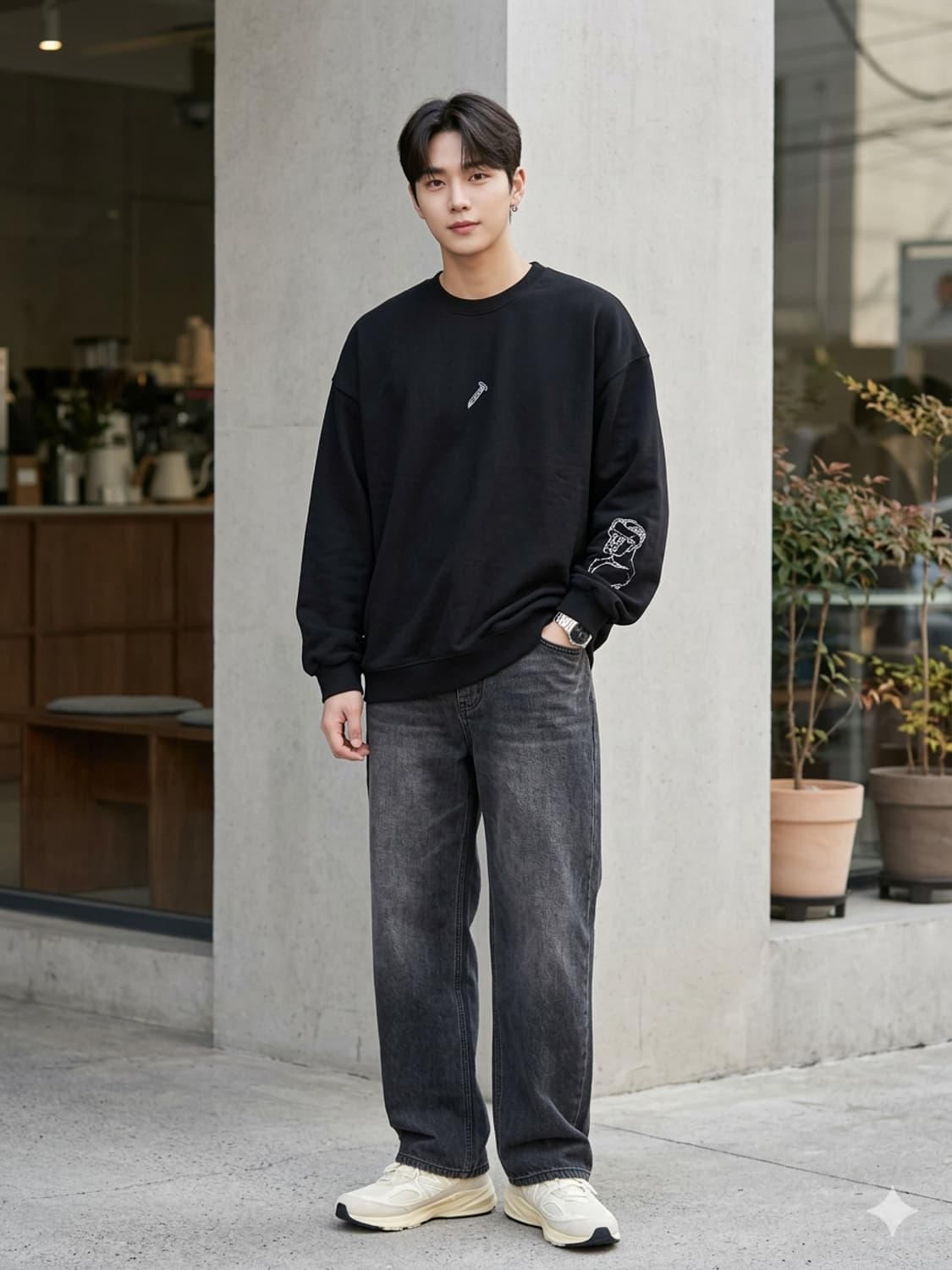 꼼파뇨(Compagno) 유니크 자수 블랙 맨투맨 상품이미지1