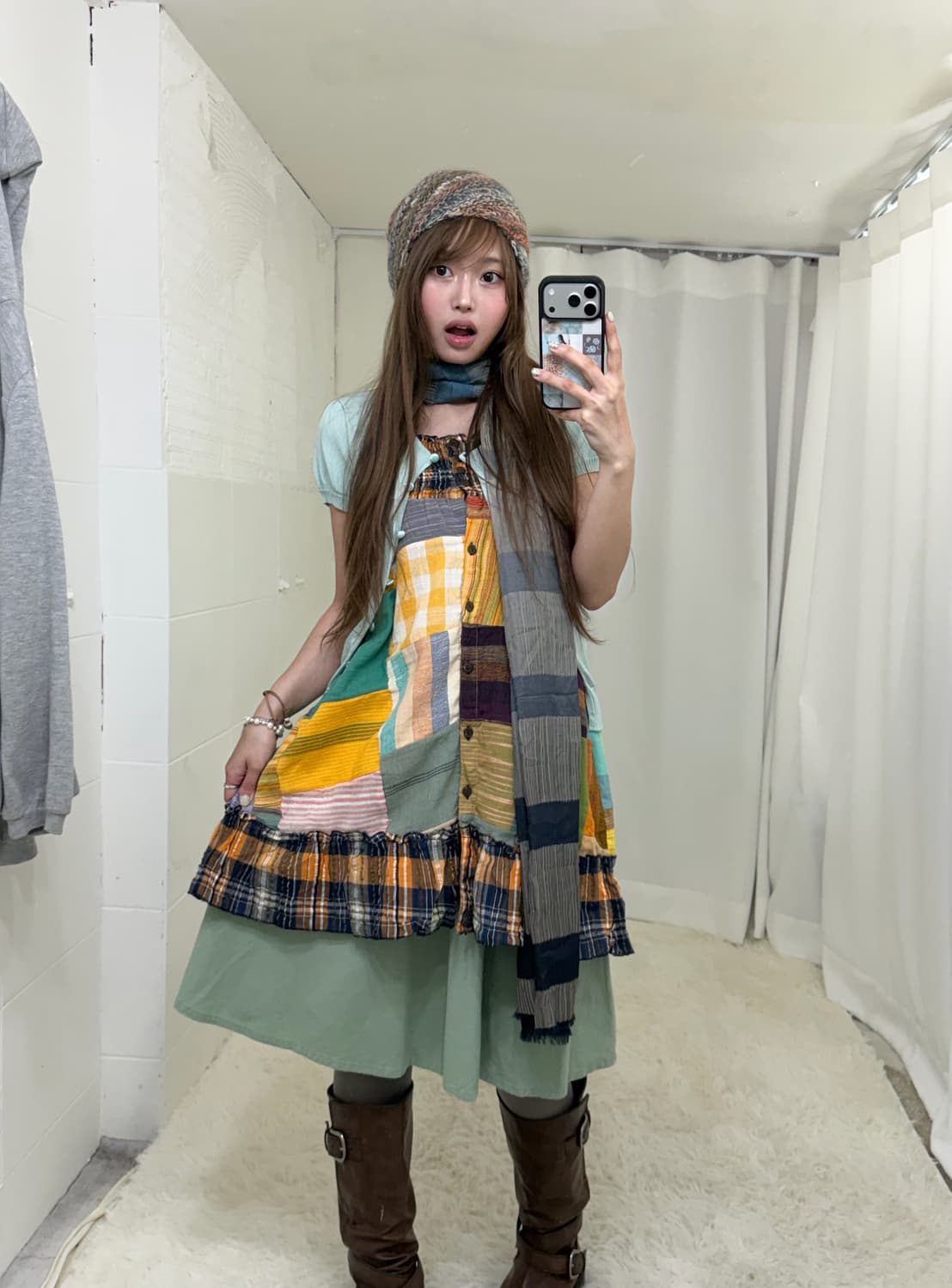 민트 패치워크 원피스 하구미 모리걸 후드집업 코디세트 상품이미지2