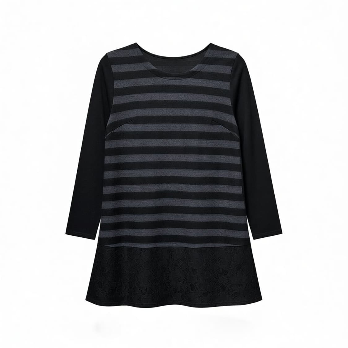 JPN VINTAGE 울 긴팔 티셔츠 스트라이프 밑단 레이스 디테일 블랙 상품이미지1